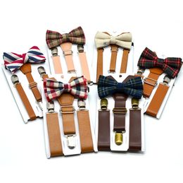 Children PU leather suspender Fashion Baby boys Y-shape adjustable metal smooth buckle belts plaid Bows tie 2pcs sets Y2592
