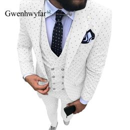 Gwenhwyfar 2019 Autumn New 3-Pieces Notch Lapel White Colour Men's dot Suit Groomsmen Suits For Wedding Party(Blazer+Vest+Pants)