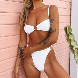 Summer 2020 sexy bikini beach party hot solid color high-waisted striped bikini suit
