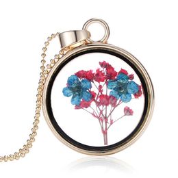 Western Style For Women Fashion Jewellery Circle Crystal Glass Dry Flower Slide Pendant Necklace S311