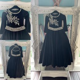 Black Velvet Pageant Dresses for Teens 2019 Bling Rhinestones Long Pageant Gowns for Little Girls Formal Party Wear Long Sleeves rosie