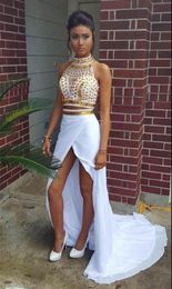 2019 High Neck White And Gold Prom Dresses With Crystals A Line High Low Graduation Party Evening Dresses Juniors 400