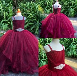 Burgundy Flower Girl Dresses Spaghetti Lace Appliqued Crystal Ball Gown Girls Pageant Dress With Free Petticoat Kids Formal Gowns