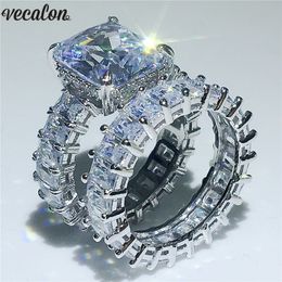 Vecalon Lovers Ring Sets 925 sterling silver Princess cut Diamond Engagement Wedding band rings for women Finger Jewelry3328