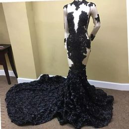 Attractive Plus Size Black Girl Mermaid Prom Dress High Neck Long Sleeves Appliqued Evening Gowns Prom Party Dresses