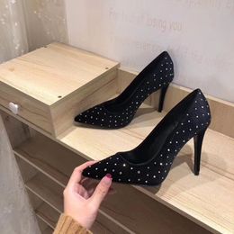 2019 Free shipping fashion Casual Designer Black velvet strass crystal Lady Point toe high heels shoes pumps boots bride wedding shoes