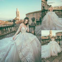 Modest Bohemian Corona Borealis Ball Gown Wedding Dresses Long Sleeve Tulle Lace Applique Sequins Wedding Gowns Sweep Train robe de mariée