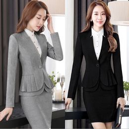 2019 Lady Spring Autumn Slim Fit Tuxedo Blazers Women Work Peplum Suit Jacket Womens Casual Long Sleeve Blazers Black Grey 4XL