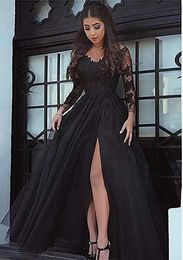 Women's Lace Appliques Party Evening Gowns V Back with side Slit Long Sleeve Prom Dresses evening gown party dress