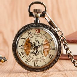 Bronze Antique Men's Mechanical Pocket Watch Skeleton Hand Winding Clock Retro Timepiece with Pendant Chain Roman Numeral Souvenir Gifts