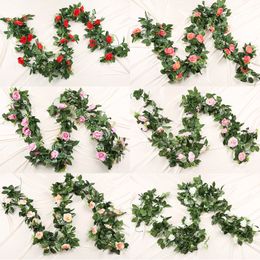 Tea Rose Vine 240cm Artificial Silk Fabric Tea Rose Vine Wedding Party Home Yard Garland Decor Festival Tea Rose Rattan String