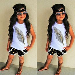 INS Baby Girls Clothes Sets Feather Printed Tops Dot Shorts 2PCS Set Sleeveless Kids Outfits Summer Kid Clothing DHW2346