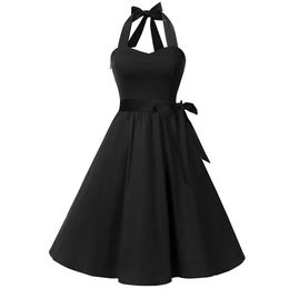 Women Elegant Dress Vintage Sleeveless Hepburn Style High-Waist Pleated Dresses Halter Backless Lace Up Solid Dress Plus Size #L