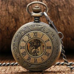 Vintage Antique Bronze Handwind Mechanical Pocket Watch Carving Number Case Men Women Timepiece Clock with Pendant Chain Clock