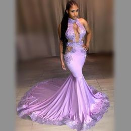 Sexy Cutaway Sides Prom Dresses High Neck Keyhole Appliques Beads Mermaid Evening Dress Crystals Satin Long Black Girls Party Gowns