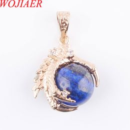 WOJIAER Natural Lapis Lazuli Stone Round Bead Dragon Claw Gold Pendant & Necklace Gem Jewelry N3095