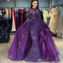 Sequined Appliqued Plus Size Mermaid Prom Long Sleeve Purple Detachable Evening Dress Formal Party Gown Custom Made
