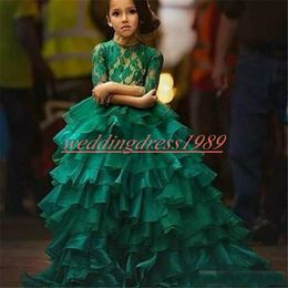 Newest Green Tiers Lace Girls Pageant Dress Ruffle Half Sleeve Girl Communion Dress Kids Formal Party Wear Flower Girls Dresses for Girl