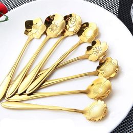 Flowers Design Gold Spoon Stainless Steel Spoon Vintage Rose Gold Colour Flowers Shape Scoop Dessert Tea Coffee Mixing Spoon