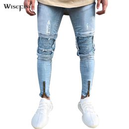 Men's Pleated Skinny Biker Jeans Men Fashion Ripped Pants Zipper Decor Fashion Streetwear Stretch Jeans D30