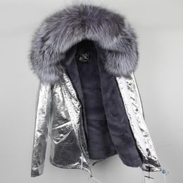 Lavish fox furs MAOMAOKONG brand women fur jackets Grey fox fur trim hoody grey rabbit fur lining silver mini parkas