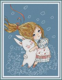 Girl and Rabbit home cross stitch kit ,Handmade Cross Stitch Embroidery Needlework kits counted print on canvas DMC 14CT /11CT