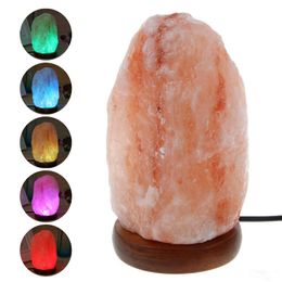 Natural Hand Carved USB Wooden Shaped Base Himalayan Crystal Rock Salt Lamp Air Purifier Night Light