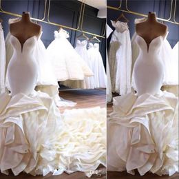 2024 Sexy Luxurious Mermaid Wedding Dresses Sweetheart Sleeveless Backless Satin Tiered Ruffle Cathedral Train Formal Bridal Gowns 403