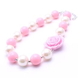 Pink Rose Flower Fashion Kid Chunky Necklace Pink+Ivory Color Bubblegum Bead Chunky Necklace Children Jewelry For Toddler Girls