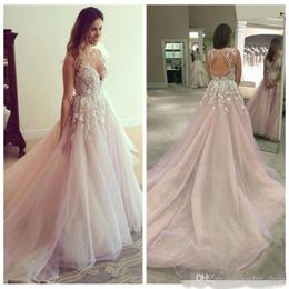 Blush Pink A Line Wedding Dresses Plus Size Sexy Deep V Neck Lace Applique Tiered Tulle Wedding Dress Bridal Gown vestido de novia