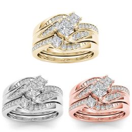 9Pcs /Lots Alloy Inlaid Zircon Band Rings Anniversary Gift Bridal Engagement Wedding Jewelry Size 5-10 3 color G-39