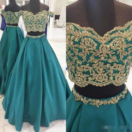 Hunter Green Two Piece Prom Dresses Gold Applique Beaded Off The Shoulder Capped Sleeves Custom Made Satin Floor Length Formal Evening Gown 403 403