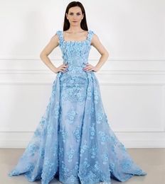 Square Neck Luxury Prom Dresses With Detachable Train Full 3D Floral Applique Beads Evening Gowns Swwep Train Plus Size Formal Gowns HY4156