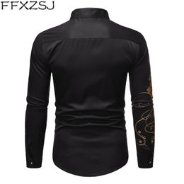 Men's Casual Shirts Stylish Gold Flower Print Black Shirt Men 2021 Spring Slim Fit Long Sleeve Mens Dress Party Male Social S289E