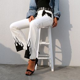 Rapwriter Casual Panelled Flame Print High Waist Flare Pant Women New Spring bottoms Slim Fit Long Trousers Pocket V191022