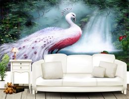 3D Wall Paper Custom hand-painted early morning forest waterfall white peacock mural sofa background wall wallpaper