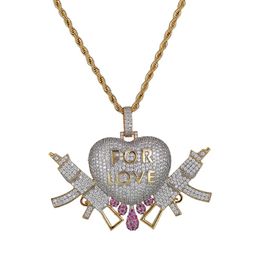 Newest Heart Drip Gun For Love Iced Out Pendant Necklace Men With Rope Chain Hip Hop Gold Silver Color Jewelry