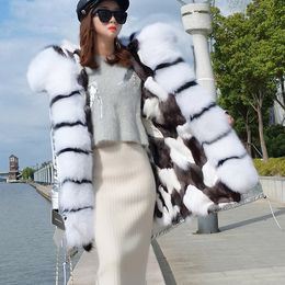 Lavish White black fox fur trim hoody Maomaokong brand white black lattice fox fur lining Camouflage shell long parkas women snow jackets