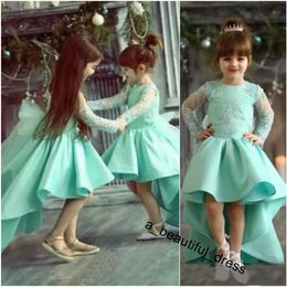 Mint Girls Pageant Dresses Arabic Sheer Long Sleeves Lace Appliqued Flower Girl Dresses For Weddings Kids Birthday Party Wears FG1277