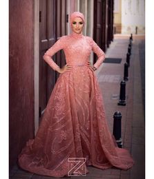 Prom Dresses Muslim with Detachable Train Lace Appliques Beaded Elegant Evening Gowns Long Sleeves Party Dress Vestidos De Fiesta