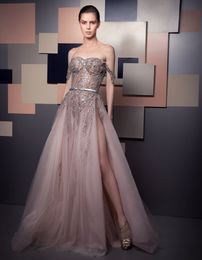 Sparkly Ziad Nakad A Line Beaded Evening Dresses Off The Shoulder Side Split Prom Gowns Tulle Floor Length Sequined Formal Dress 407