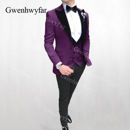 Gwenhwyfar New Velvet Lapel Dark Purple Groom Men Tuxedos Party Prom Men Suits Wedding/Prom Best Man Tuxedos (Vest+Jacket+Pants)