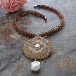 Fashion-GE032707 19'' Brown Thread Necklace Rose Crystal Keshi Pearl Pendant