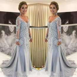 Szara Mermaid Matka panny młodej Sukienki Sheer Długie Rękawy Nowy 2019 V-Neck Lace Zroszony Groom Matki Prom Wieczór Party Suknie Plus Rozmiar