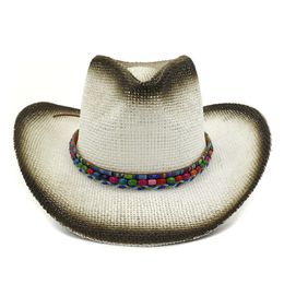Summer Unisex Wide Brim Sun Paper Straw Jazz Hats with Colored Beads Decor Beach Cowboy Cowgirl Hat Travel Sunhat for Men Women