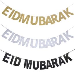 Gold Silver Black EID Banner Glitter Paper Garland EID Mubarak Party Muslim Festival Bunting Ramadan