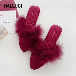 Korea fashion satin fur home slippers shoes women slides wedding Bedroom non-slip Slippers for women sweet Sandals shoes summer