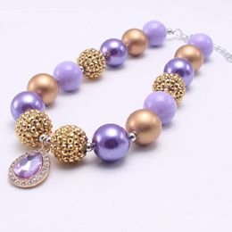 Crystal Drop Pendant Kid Chunky Necklace Fashion Purple Color Princess Bubblegum Bead Chunky Necklace Children Jewelry For Toddler Girls