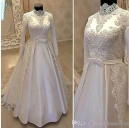 Abiti da sposa a maniche lunghe con collo alto in Arabia Saudita Abiti da sposa LDS in raso di pizzo modesto Abito da sposa modesto su misura per donna araba