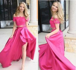 2019 Charming Fuchsia Hi Lo Prom Dresses Long Off The Shoulder 2 Pieces Applique Beaded Ruffle Draped Evening Gowns Elegant Party Gowns